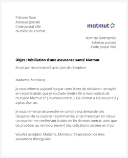 la lettre pour resilier une mutuelle matmut